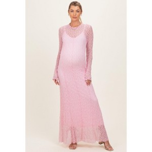 pink 3 4 sleeve dress Light Pink Floral Lace 3/4 Ruffle Sleeve V-Neck Maternity Maxi Dress main image 1
