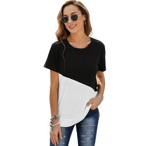 Women's Stylish Short Sleeve Top Crewneck Shirt Loose Casual Tee with Side Split - 1 of 4