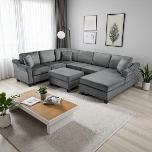 111.8" Chenille U-Shaped Sectional Sofa with Storage Ottoman - 1 of 4