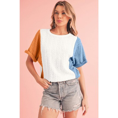 I AM A FASHION JUNKY Light Blue Color Block Textured Loose Fit T Shirt