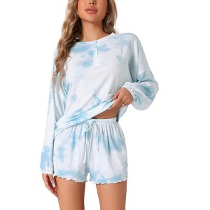 cheibear Women's Long Sleeve Tops with Shorts Tie Dye Casual Pajamas Set - 1 of 4