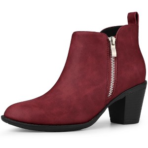 Allegra K Women's Low Chunky Heels Zipper Western Ankle Booties - 1 of 4