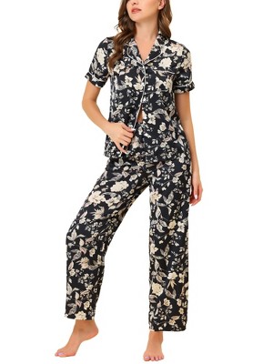 cheibear Women's Silky Short Sleeves Sleepshirt with Pants Sleepwear Pajama Set 2 Pcs