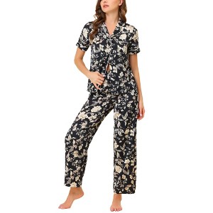 cheibear Women's Silky Short Sleeves Sleepshirt with Pants Sleepwear Pajama Set 2 Pcs - 1 of 4