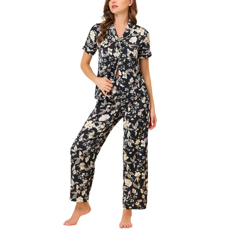 cheibear Women's Silky Short Sleeves Sleepshirt with Pants Pajama Set 2 Pcs, 1 of 7