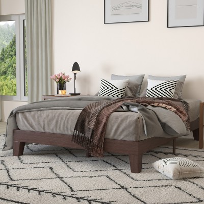 Walnut Finish Queen Wood Platform Bed Frame with Slats