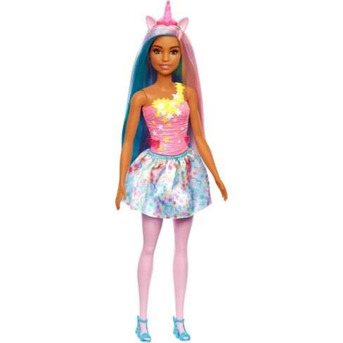 Barbie Dreamtopia Doll with Removable Unicorn Headband & Tail, Blue &  Purple Fantasy Hair & Cloudy Star-Print Skirt