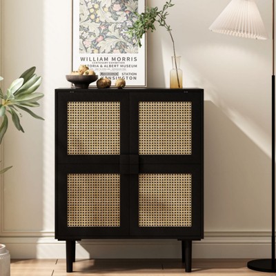 BEAFUP 4-Doors Rattan Mesh Storage Cabinet, Sideboard with Eight Storage Spaces, for Entryway, Living Room, Hallway