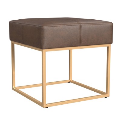 Small Brown Faux Leather Ottoman with Metal Frame
