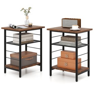Tangkula 2PCS 3-Tier Side End Table w/ Adjustable Mesh Shelf Narrow Nightstand - 1 of 4