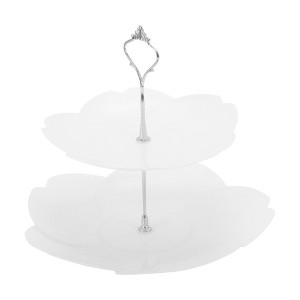 Unique Bargains 2 Tier Dessert Cupcake Stand Flower Shape Cup Cake Holder Tower White Silver Tone - 1 of 4