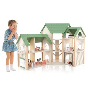 Costway Wooden Corner Dollhouse Playset with 36 Pieces of Furniture and Accessories - 1 of 4
