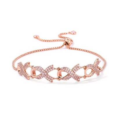 ShineHigh Adjustable Ribbon CZ Bolo Bracelet – 8.5-Inch Slider Chain with Pave Ribbon Design, Available in Rose Gold or Rhodium-Plated Silvertone