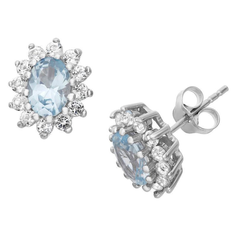 Sterling Silver Oval-Cut Sapphire Flower Stud Earrings, 1 of 2
