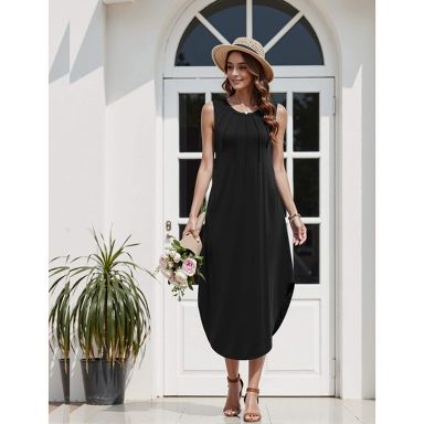 Zeagoo Women Floral Summer Casual Beach Printed Tank Dress with Pockets Pleated Front Long Dress Black S