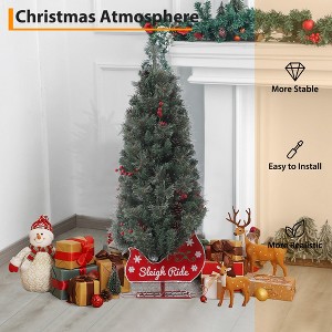 Potted Artificial Christmas Tree, Pre-Lit Holiday Xmas Tree with 78 Lights, Tabletop Snow Flocked Christmas Tree with Pine Cones, Sleigh-Shaped Base - 1 of 4