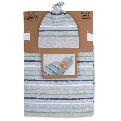 Image of Baby Essentials Striped Swaddle Blanket and Knot Cap - Gray