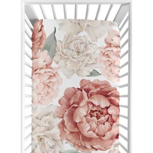 Sweet Jojo Designs Girl Baby Fitted Crib Sheet Peony Floral Garden Pink and Ivory - 1 of 4