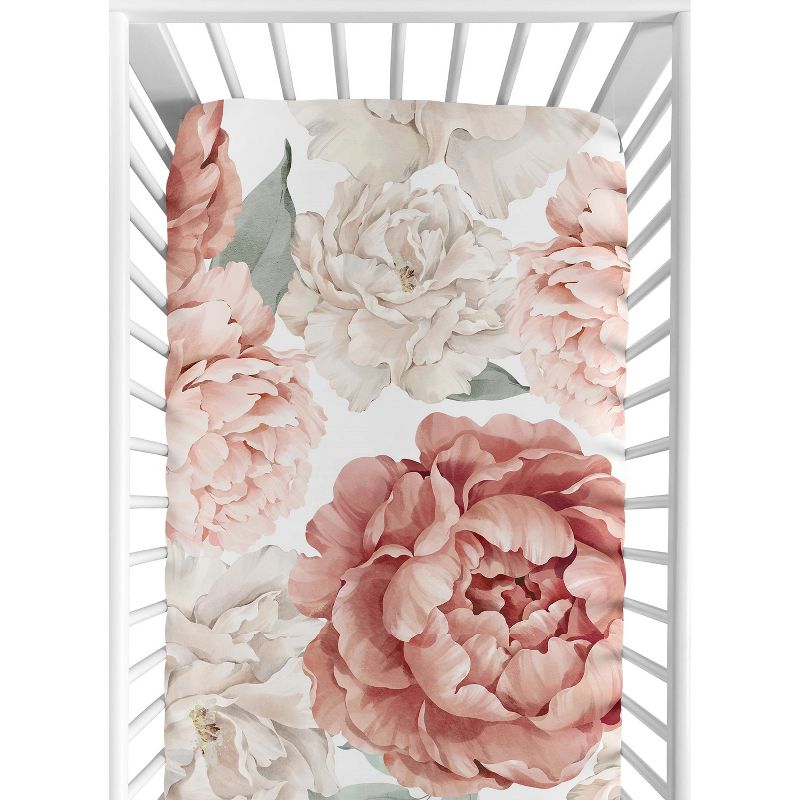 Sweet Jojo Designs Girl Baby Fitted Crib Sheet Peony Floral Garden Pink and Ivory, 1 of 8