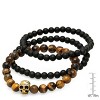 Steeltime Men's set of 3 stretch bracelets - black lava beaded bracelet and tiger eye beaded bracelet with 18k gold plated stainless steel skull - 3 of 4