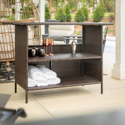 Brown Wicker Rattan Bar Counter Table with 2 Shelves, 41.25" Wide