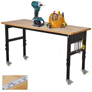 Height Adjustable Workbench with Power Outlet,48" Rolling Work Tables with 4 Lockable Casters, Oak Wood Work Bench for Garage, Workshop, Office - 1 of 4