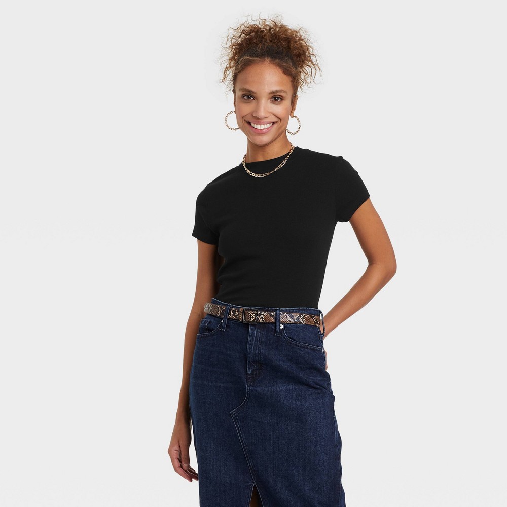 Women's Short Sleeve Ribbed T-Shirt - A New Day Black XL