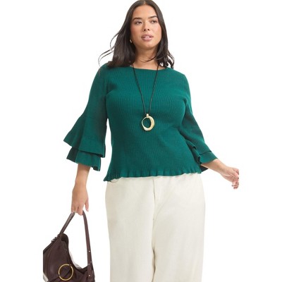 June + Vie by Roaman's Women's Plus Size Ruffled Long-Sleeve Sweater