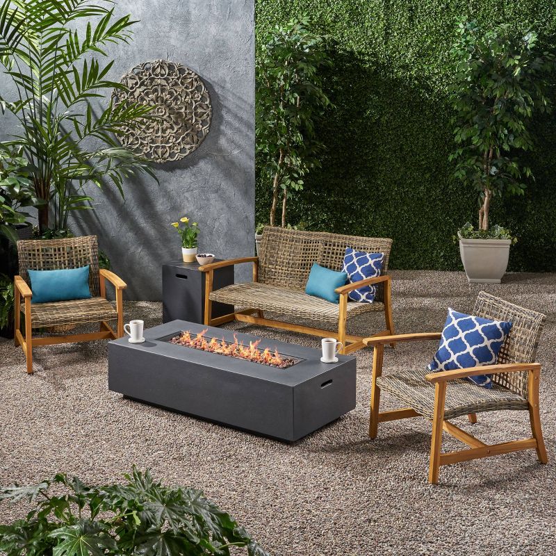 Augusta 5pc Wood &#38; Wicker Chat Set with Fire Pit - Natural/Gray/Dark Gray - Christopher Knight Home, 3 of 14