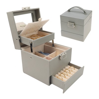 Unique Bargains 3 Layers PU Leather Jewelry Box with Drawer and Mirror