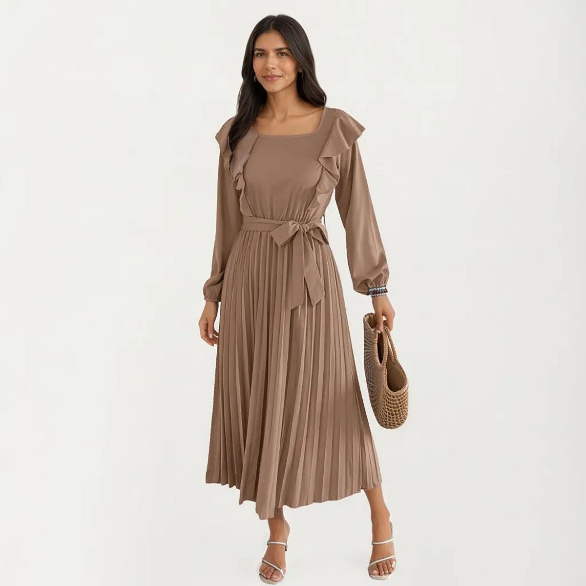 Женские платья Anna-Kaci Women's Pleated Dress with Ruffled Shoulders, Waist Tie, and Long Sleeves for a Flattering Feminine Fit - Khaki — фото 3