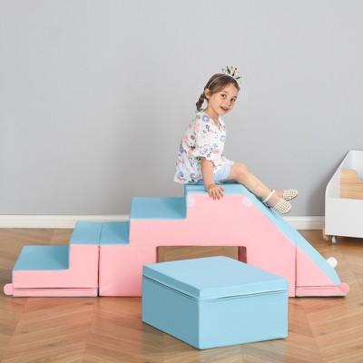 Qaba 7-Piece Soft Foam Play Set For Toddlers - Climbing Blocks, Stairs & Ramp For Indoor Play (Blue/Grey)