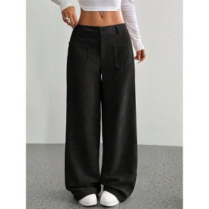 Womens Loose Casual Wide Leg Velvet Pants Front Pockets High Waist Trouser Pants - 1 of 4