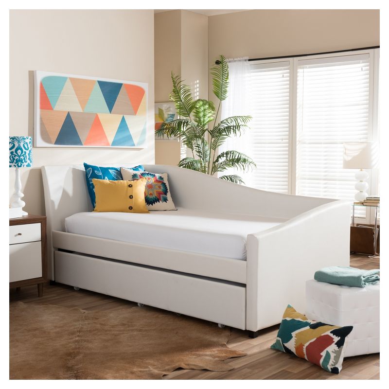 Twin Vera Modern and Contemporary Faux Leather Upholstered Curved Sofa Daybed with Roll Out Trundle Guest Bed White - Baxton Studio, 5 of 11
