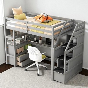 Twin Loft Bed with Desk, Shelves, Drawers, and Storage Staircase, Solid Wood Frame in White, Space-Saving Kids Bed - 1 of 4
