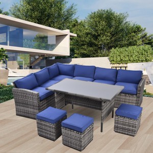 Maria 7-piece All Weather PE Rattan Patio Conversation Set, Sectional Sofa Set with Dining Table, Outdoor Furniture - Maison Boucle - 1 of 4