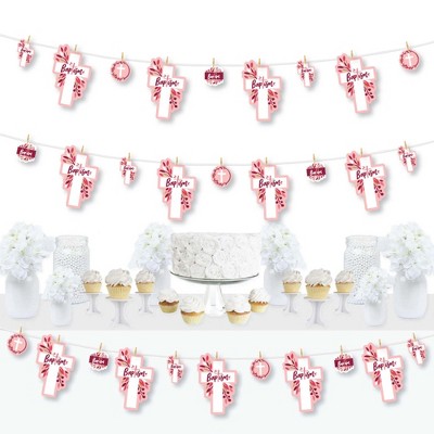 Big Dot of Happiness Baptism Pink Elegant Cross - Girl Religious Party DIY Decorations - Clothespin Garland Banner - 44 Pieces