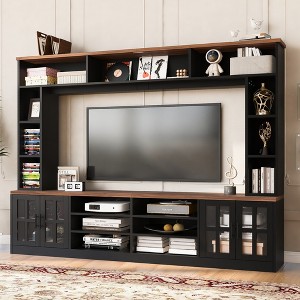 95.5" Entertainment Center with Bookshelves and Tempered Glass Doors, Sideboard Cabinet with Adjustable Shelves, and Anti-tip Device - 1 of 4