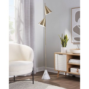 LumiSource Cone 65" Glam Metal Floor Lamp in Brushed Gold Metal with White Faux Marble Metal Base: UL Listed, 2-Cone Shades - 1 of 4