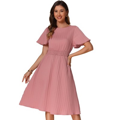 INSPIRE CHIC Women's Short Sleeve Elastic Waist Round Neck Pleated A-Line Casual Midi Dress