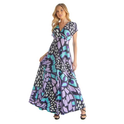 Womens Butterfly Pattern Empire Waisted V-neckline Cap Sleeves Maxi ...