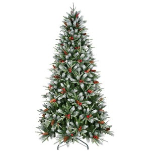 Artificial 5ft Green Christmas Tree with 1113PE/PVC Mixed Branch Tips,Red fruit and Pine cone,Hinged Premium & Foldable Base - 1 of 4