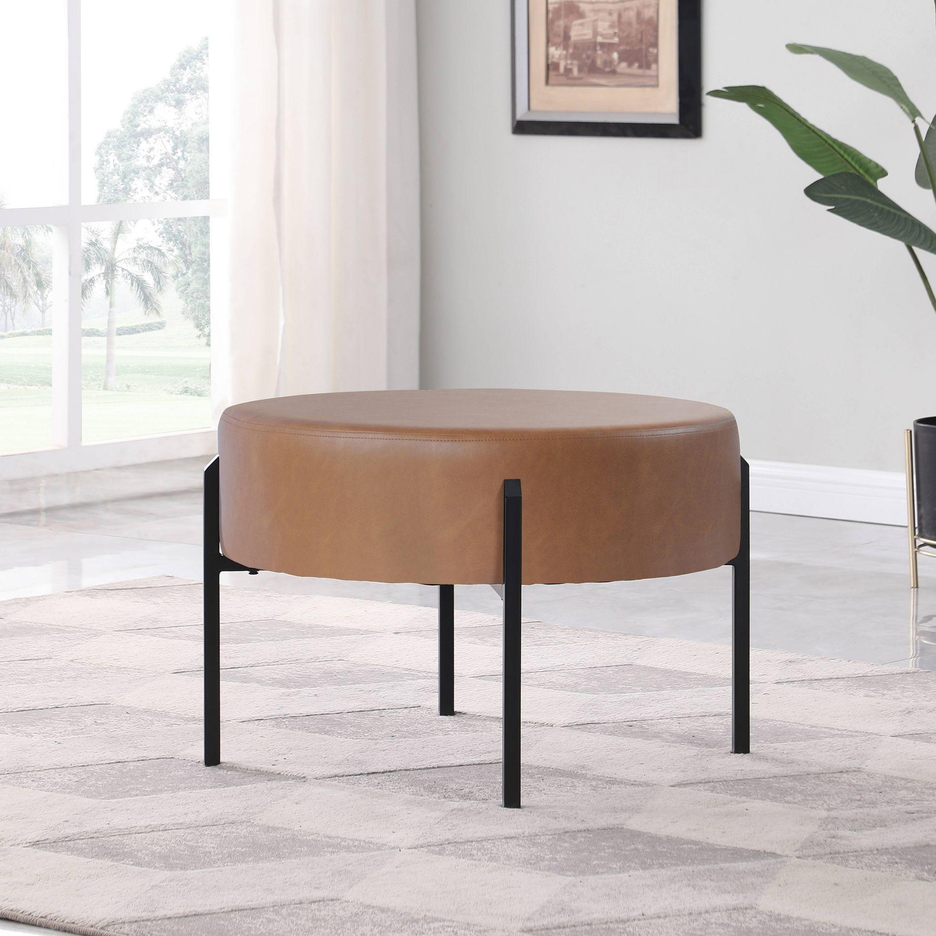 Modern Round Ottoman Caramel Faux Leather - HomePop