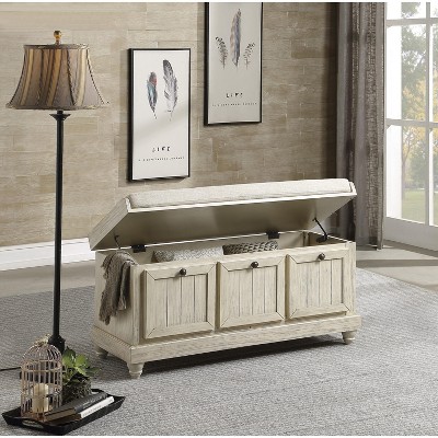 Vynxaria 1pc Durable Storage Bench White Finish Foam Cushioned Seat Beige Upholstery Flip-Top Seat Solid Wood Home Furniture