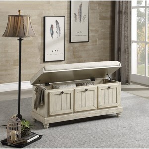 Vynxaria 1pc Durable Storage Bench White Finish Foam Cushioned Seat Beige Upholstery Flip-Top Seat Solid Wood Home Furniture - 1 of 4