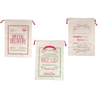 Juvale 3-Pack Large Cotton Canvas Christmas Drawstring Bag, Assorted Designs, Beige