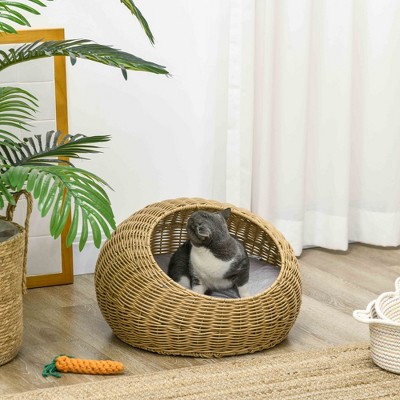 Small Light Brown Rattan Wicker Cat Bed with Cushion