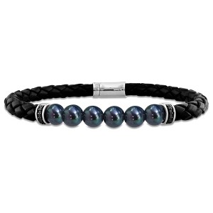 EVERLY JEWELRY |Men's 7.5-8mm  Black Cultured Freshwater Pearl Braided Black Leather Bracelet with Diamond Accents - 9 in. - 1 of 4