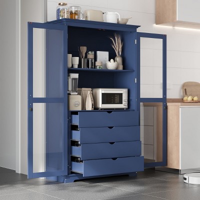Large Wood Kitchen Pantry Cabinet with Glass Doors and Drawers,Freestanding Farmhouse Storage Organizer for Kitchen or Dining Room-Coolbibila