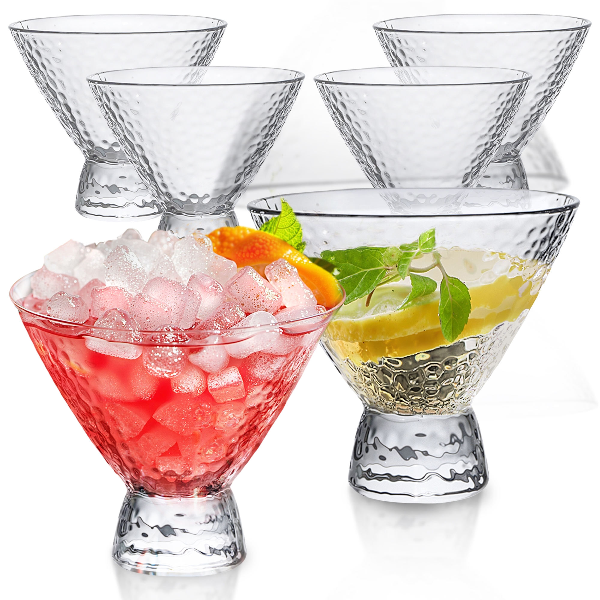 LEMONSODA Clear Hammered Cocktail Martini Glasses - 8.5oz Set of 6 Elegant Barware